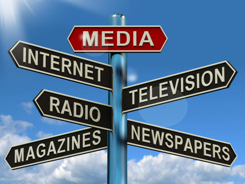 Media Signpost Showing Internet Television Newspapers Magazines